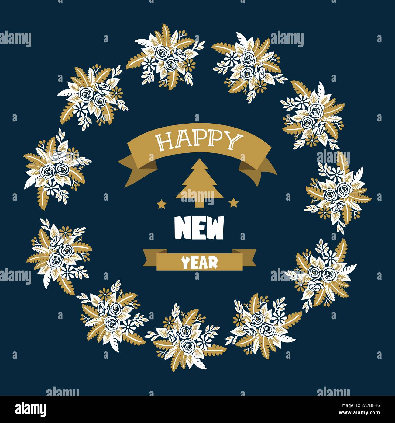 Handwritten card happy new year, with pattern element of wreath frame ...