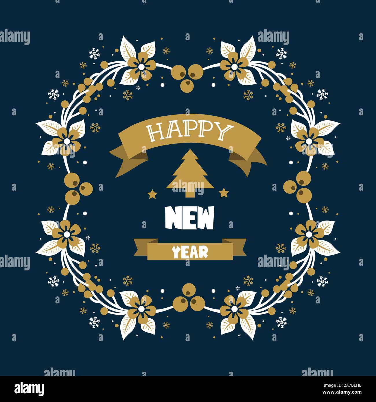 Wallpaper text happy new year with leaf floral frame artwork. Vector ...