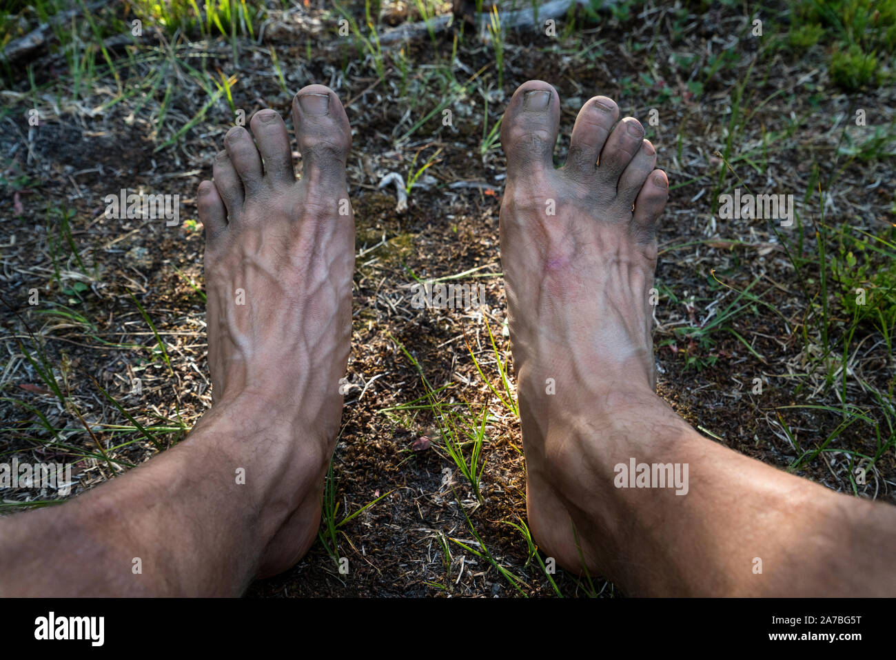 Dirty hiker feet on the Continental Divide Trail in Wyoming, USA Stock Photo