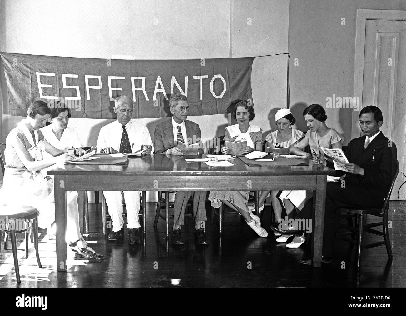 A group of people reading or studying Esperanto language ca. 1934 Stock Photo