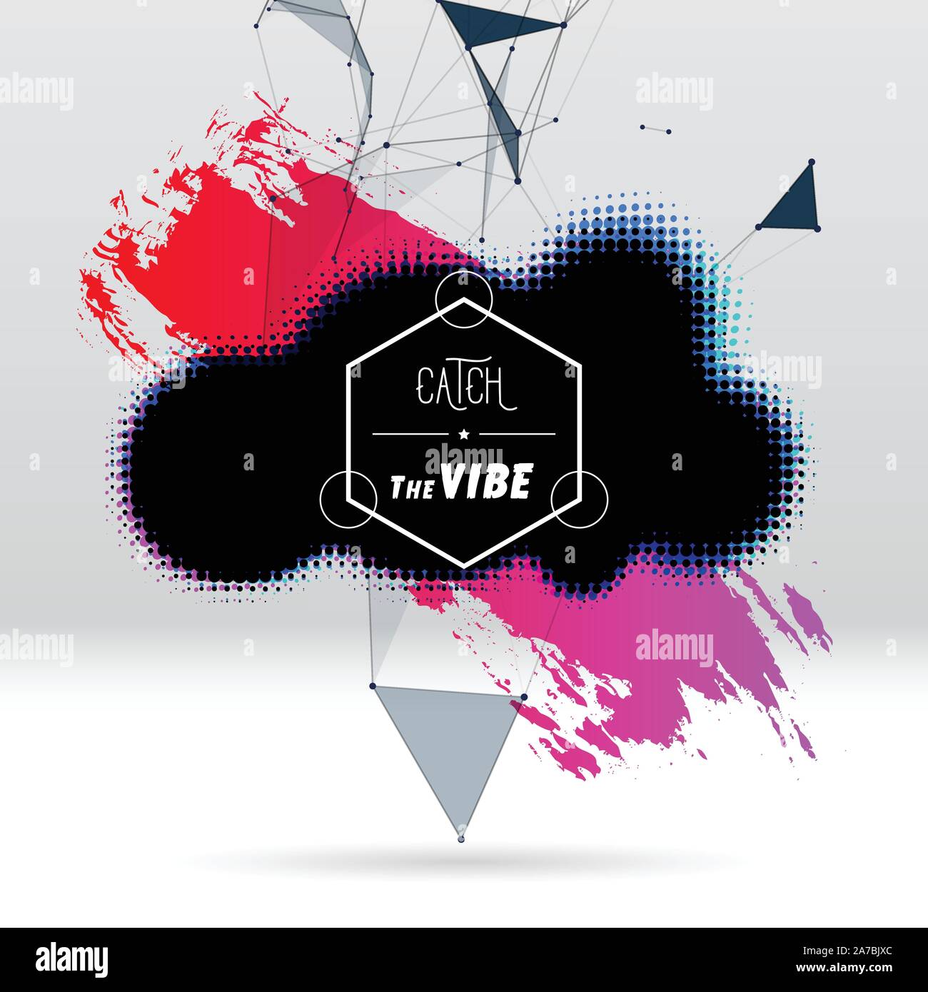 Background with brush stroke, blot, triangular grid and label Stock Vector