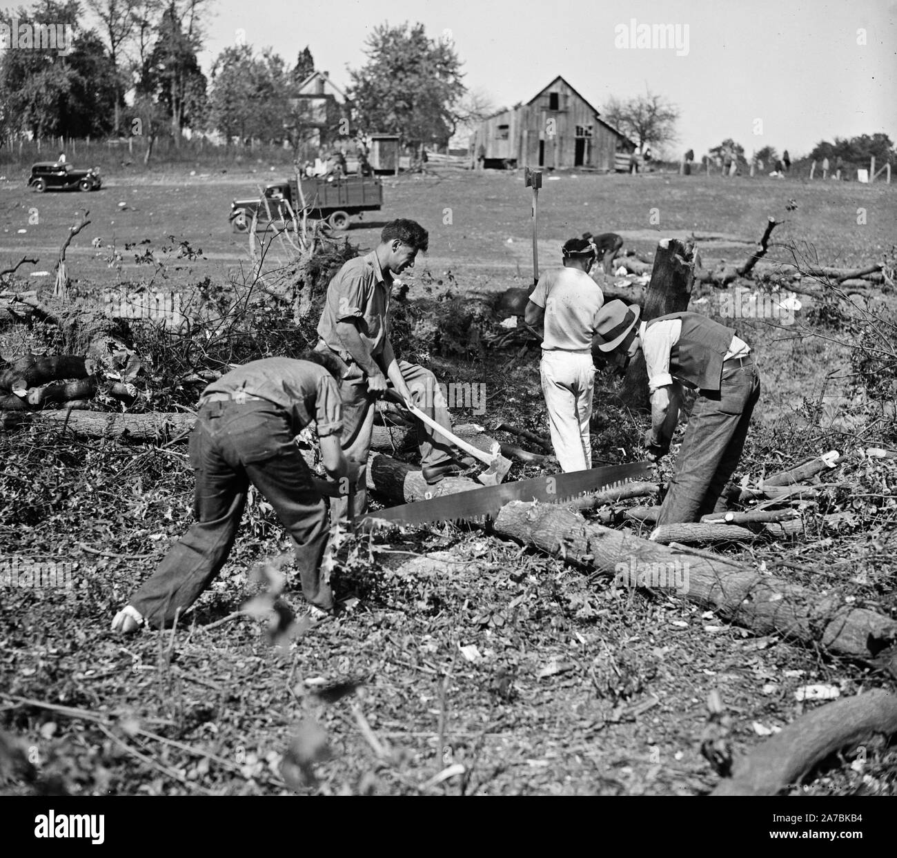 Work starts at 'Tuggwelltown.' Workers are busy clearing land for the construction of the government-owned project popularly called 'Tuggwelltown,' a.k.a. Greenbelt, Maryland. It is a project of the Rehabilitation Administration ca. October 15, 1935 Stock Photo