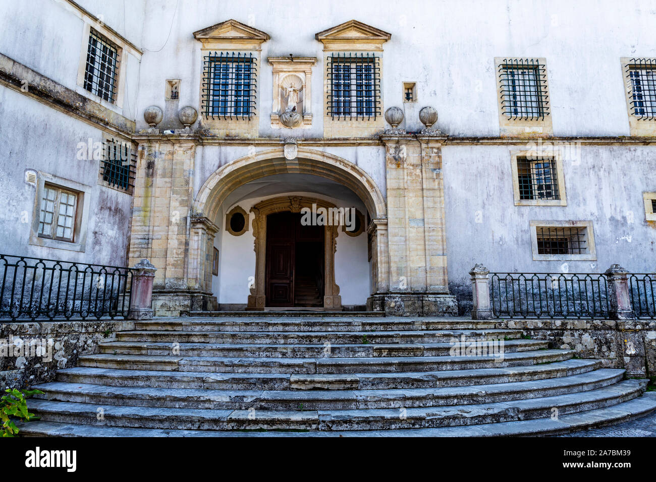 Portico of the main entrance to the Monastery of Saint Mary, built in 1630 (17th century) in Baroque style, in Lorvao, Coimbra, Portugal Stock Photo