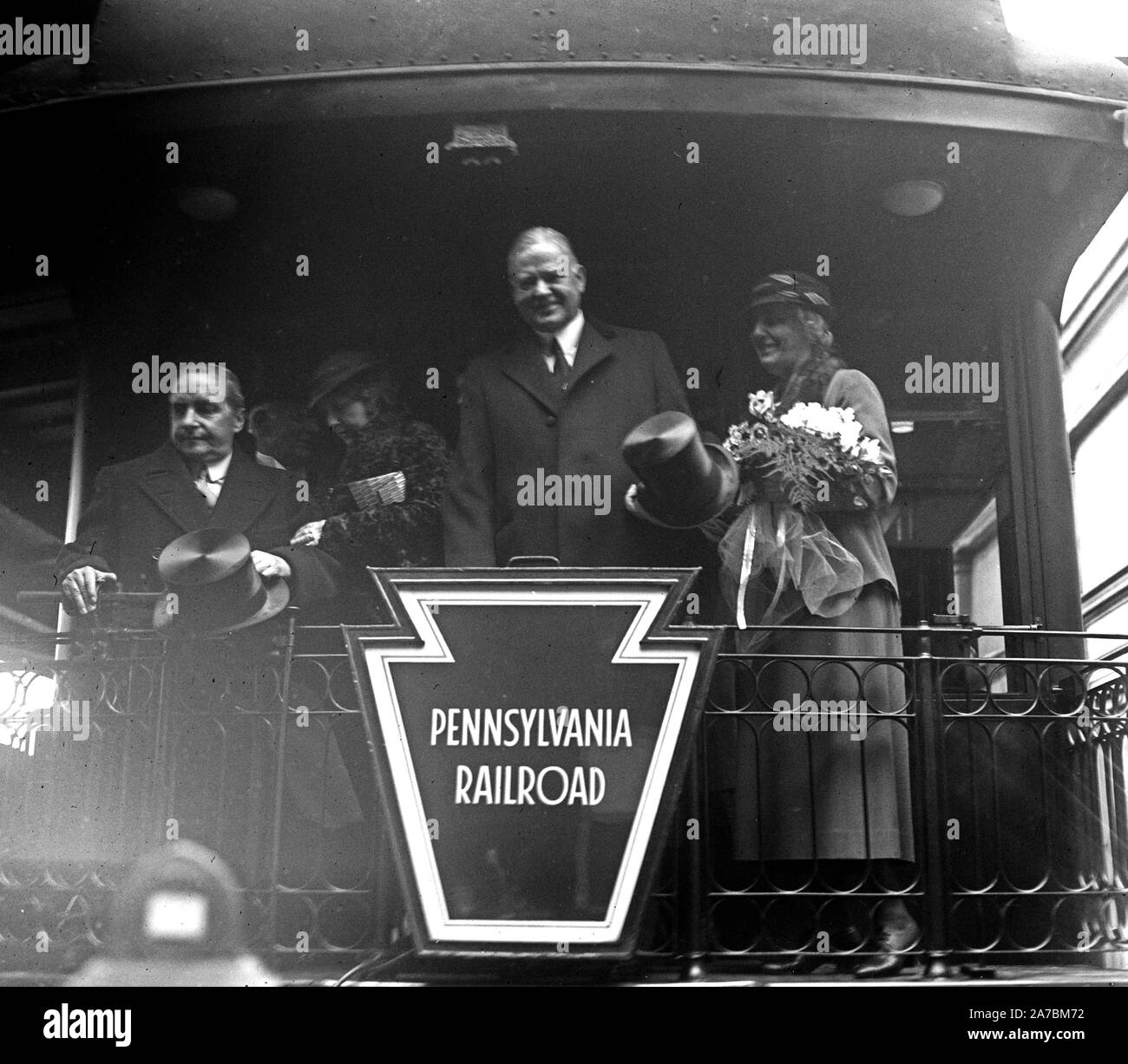 Franklin Roosevelt First Inaguration:   Herbert and Lou Hoover on train caboose  March 4, 1933 Stock Photo