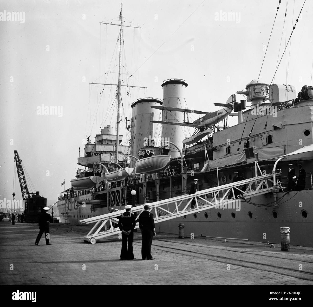 H.M.S. York, flagship of the British West Indian Fleet, docks at the Navy Yard at Washington, D.C. ca. 10/1935 Stock Photo