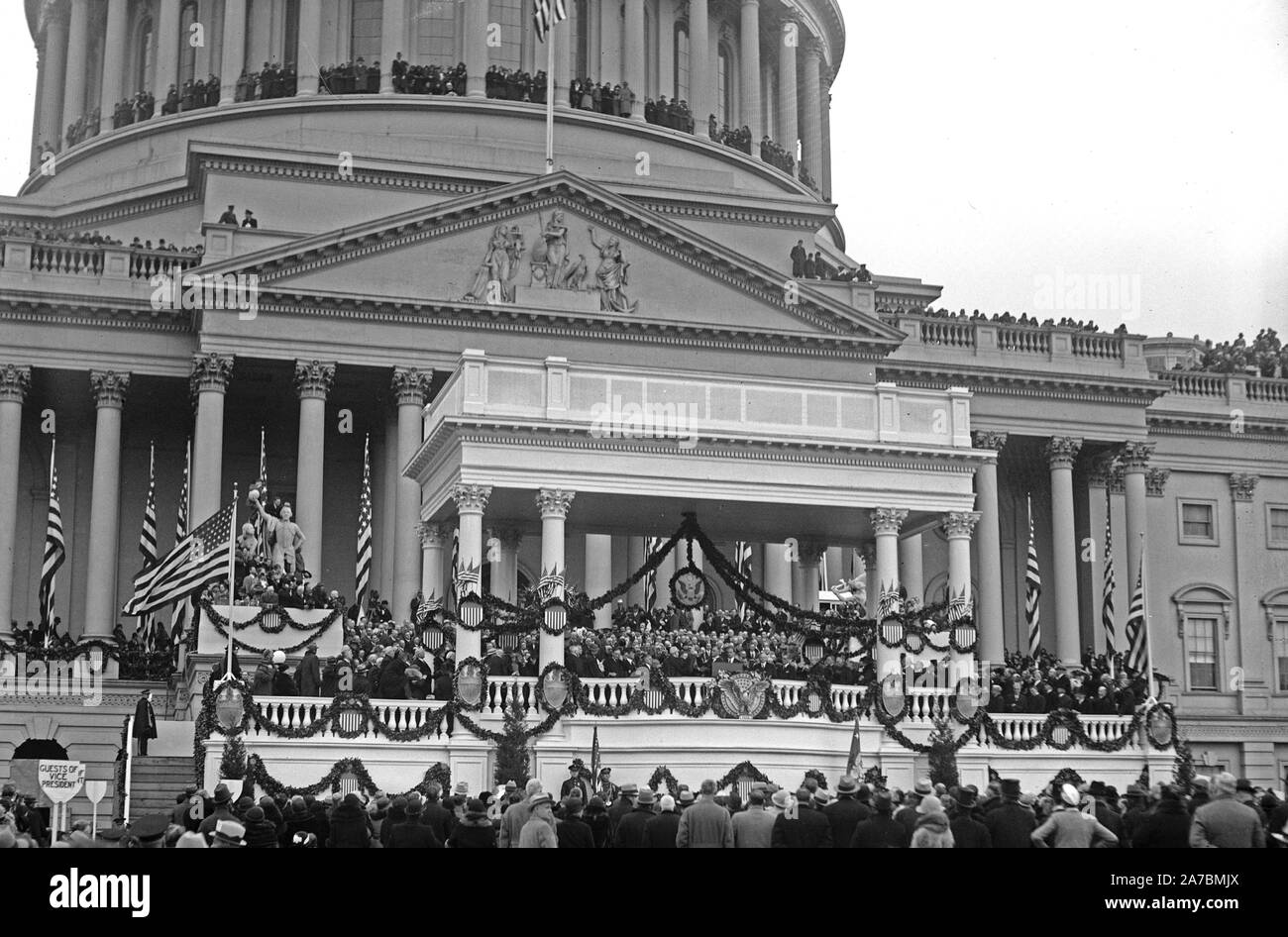 Franklin D. Roosevelt - Inauguration of Franklin D. Roosevelt. Podium at U.S. Capitol, Washington, D.C. ca. March 4, 1933 Stock Photo