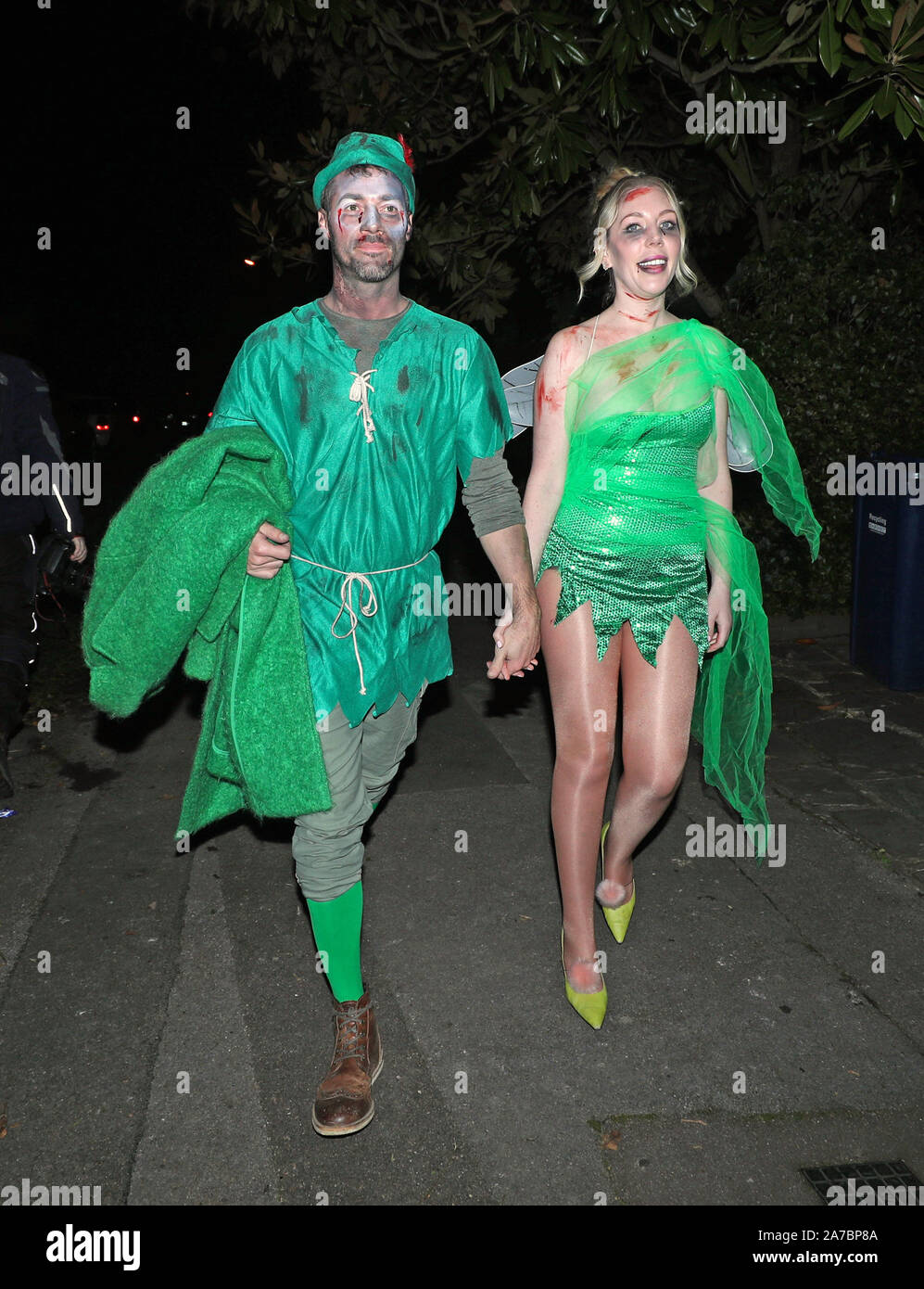 Katherine Ryan and her boyfriend Bobby Kootstra arriving at a Halloween party hosted by Jonathan Ross at his house in north London. Stock Photo