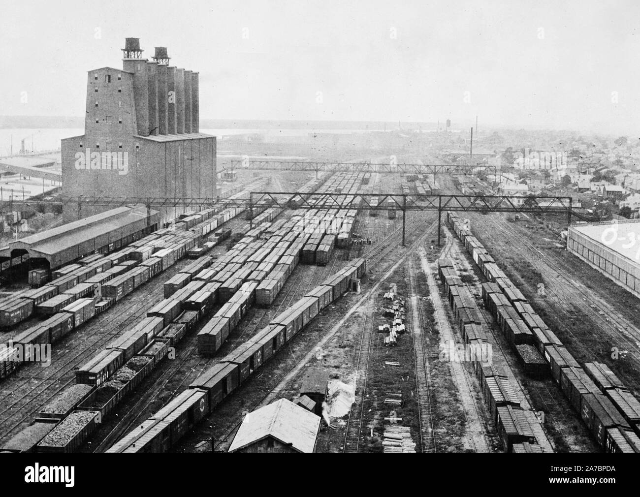 Railroad yard and grain elevator ca. 1936 Stock Photo