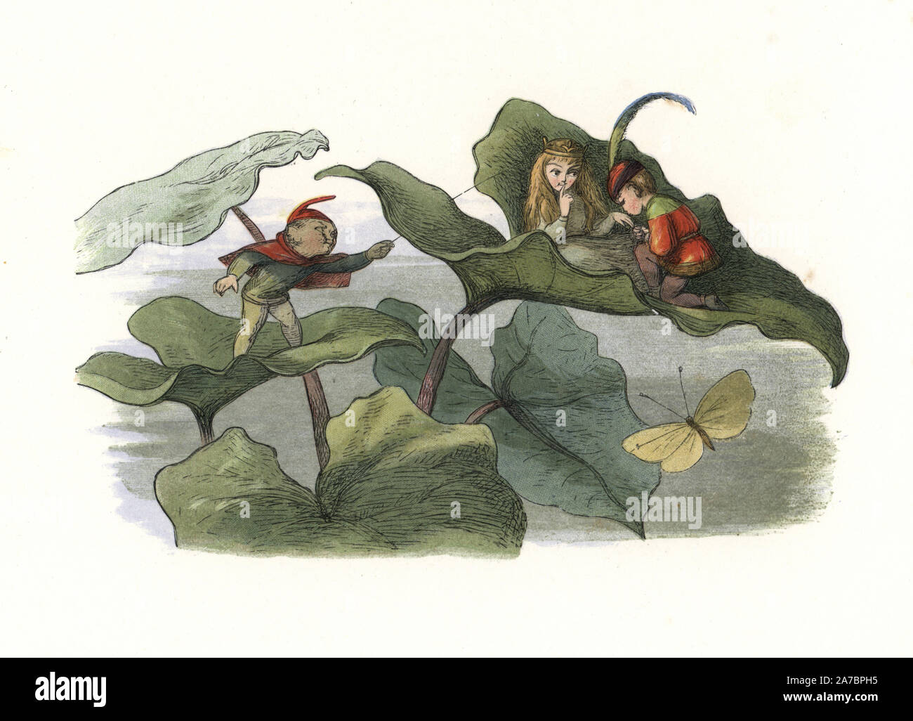 An elf courting a fairy on a leaf is interrupted by another elf. Handcoloured woodblock print by Edmund Evans after an illustration by Richard Doyle from In Fairyland, a series of Pictures from the Elf World, Longman, London, 1870. Stock Photo