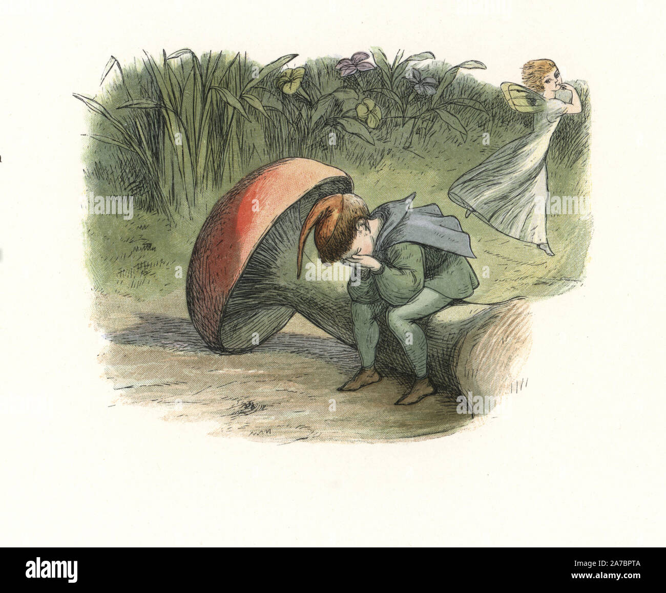 Elf sits brokenhearted on a fallen toadstool as a fairy runs away. Handcoloured woodblock print by Edmund Evans after an illustration by Richard Doyle from In Fairyland, a series of Pictures from the Elf World, Longman, London, 1870. Stock Photo