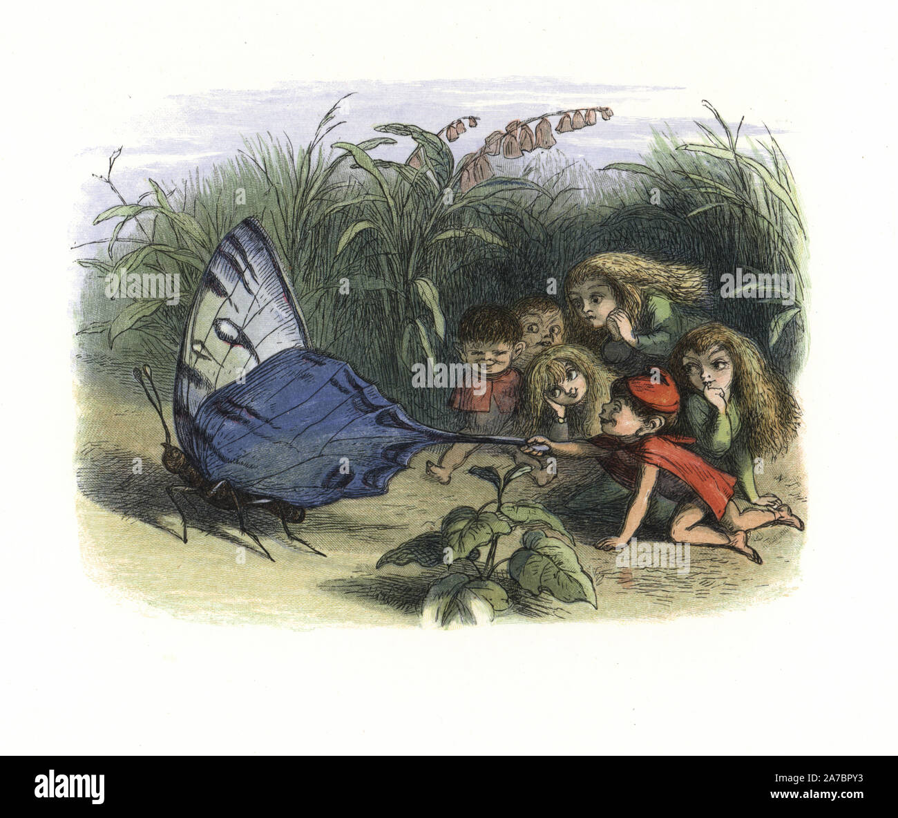 Elves and fairies teasing a butterfly by pulling its wing. Handcoloured woodblock print by Edmund Evans after an illustration by Richard Doyle from In Fairyland, a series of Pictures from the Elf World, Longman, London, 1870. Stock Photo