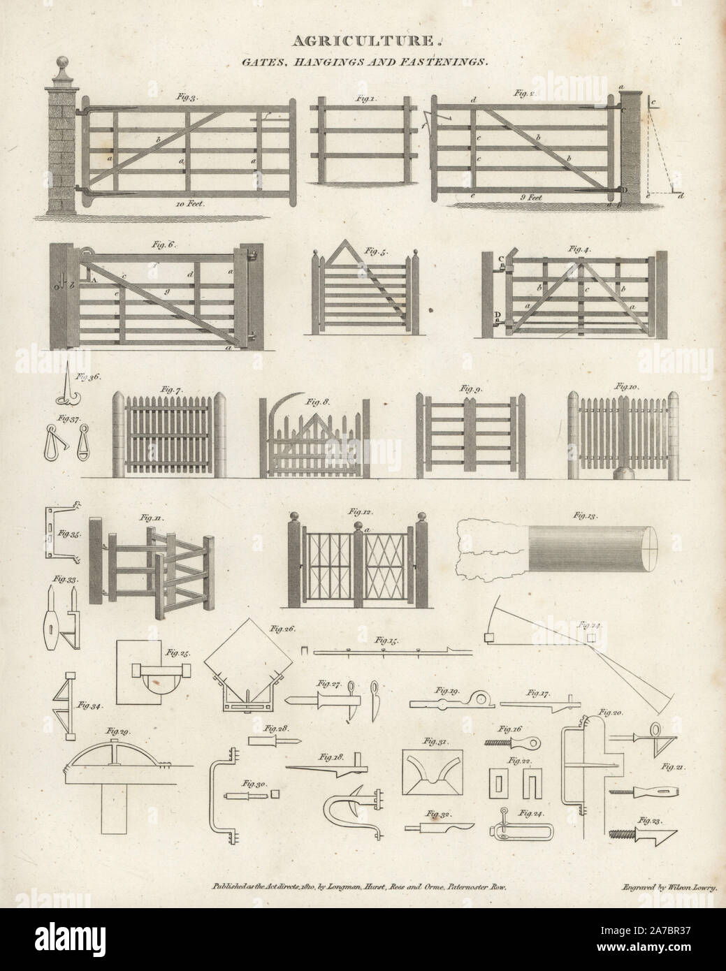 Agricultural gates, hangings and fastenings.Copperplate engraving by Wilson Lowry from Abraham Rees' Cyclopedia or Universal Dictionary of Arts, Sciences and Literature, Longman, Hurst, Rees, Orme and Brown, London, 1820. Stock Photo