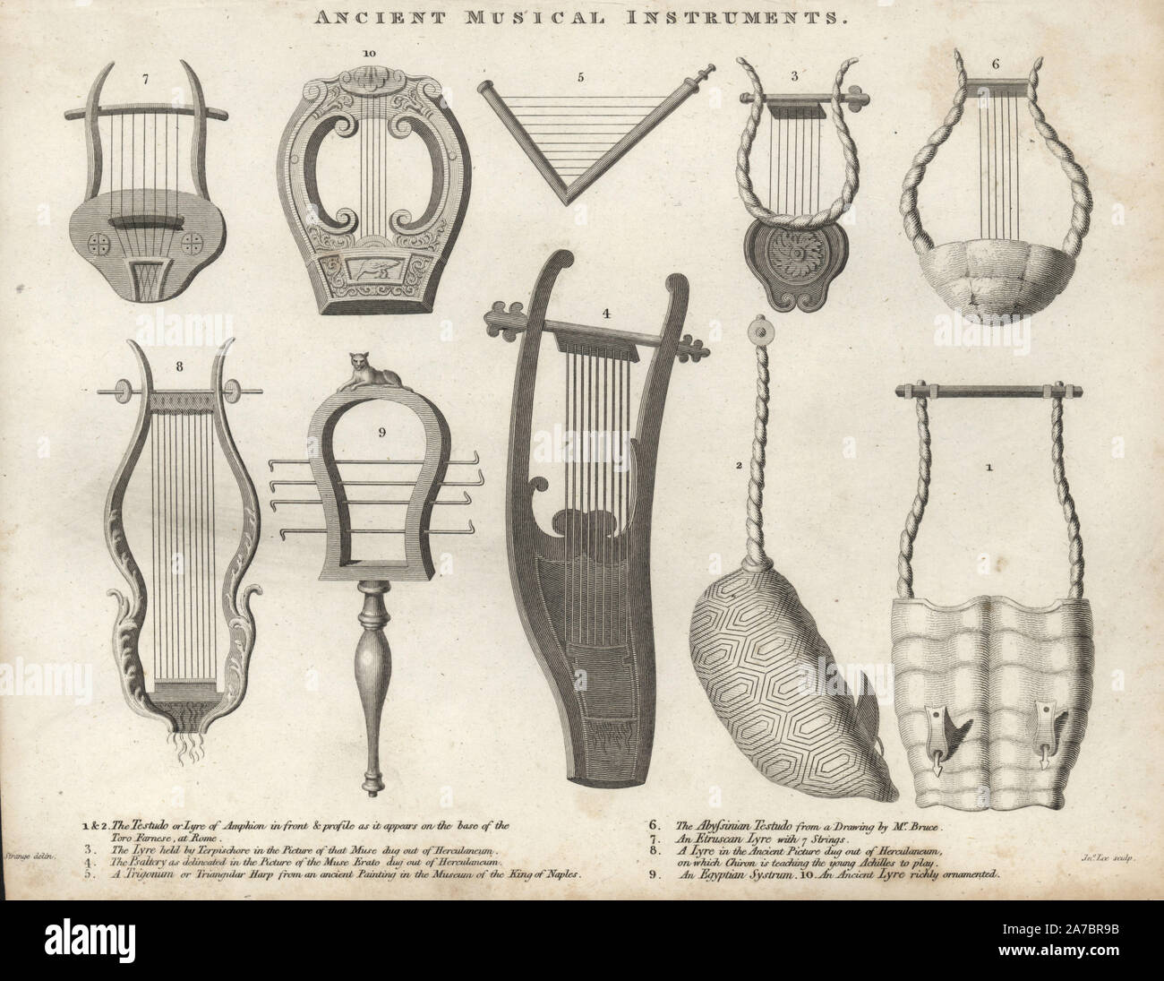 Testudo or lyre of Amphion (1,2), lyre held by Terpsichore (3), psaltery (4), triangular harp or  Trigonium (5), Abyssinian testudo (6), Etruscan 6-string lyre (7), lyre (8), Egyptian systrum (9) and richly ornamented lyre. Copperplate engraving by John Lee after an illustration by Strange from Abraham Rees' Cyclopedia or Universal Dictionary of Arts, Sciences and Literature, Longman, Hurst, Rees, Orme and Brown, London, 1820. Stock Photo