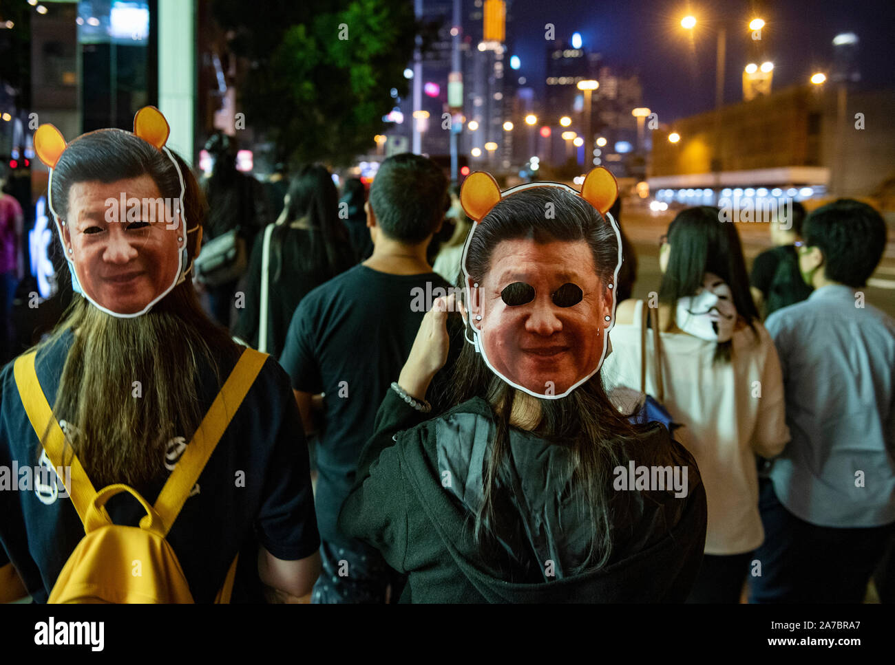 Hong Kong, China. 31st Oct, 2019. Protesters wear Chinese president Xi Jinping masks dring the rally. Protesters at Halloween march in Hong Kong island despite police banned rallies and confront them during the night. Credit: SOPA Images Limited/Alamy Live News Stock Photo