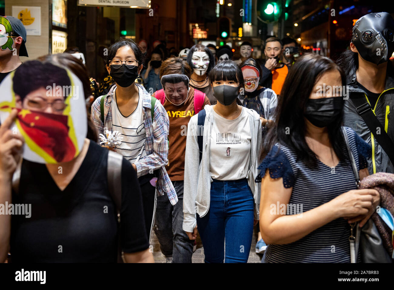 Hong Kong China 31st Oct 2019 Protesters Look And Stand Defiant At The Police In Central District Hong Kong Protesters At Halloween March In Hong Kong Island Despite Police Banned Rallies And alamy