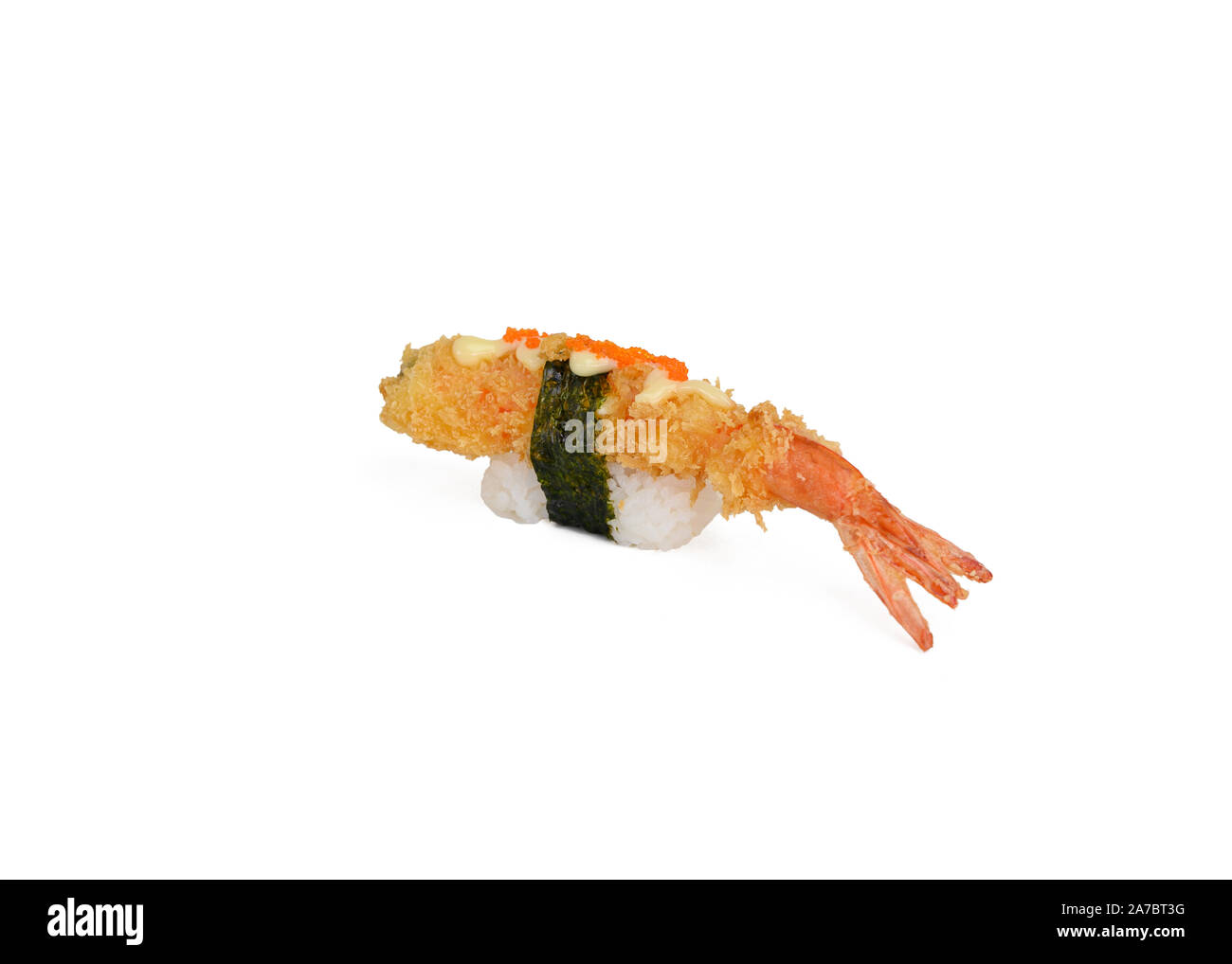 Deep fried shrimp tempura sushi nigiri with breadcrumbs and seaweed