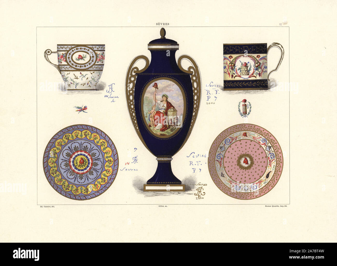 Porcelain from the French Revolutionary era: cup with flowers by Binet, cup decorated by Pithou Jr., vase painted by Charles-Nicolas Dodin, plate with flowers by Merault Jr., and plate decorated by Pithou Jr. Chromolithograph by Gillot of an illustration by Edouard Garnier from The Soft Paste Porcelain of Sevres, Maison Quantin, Paris, 1891. Stock Photo