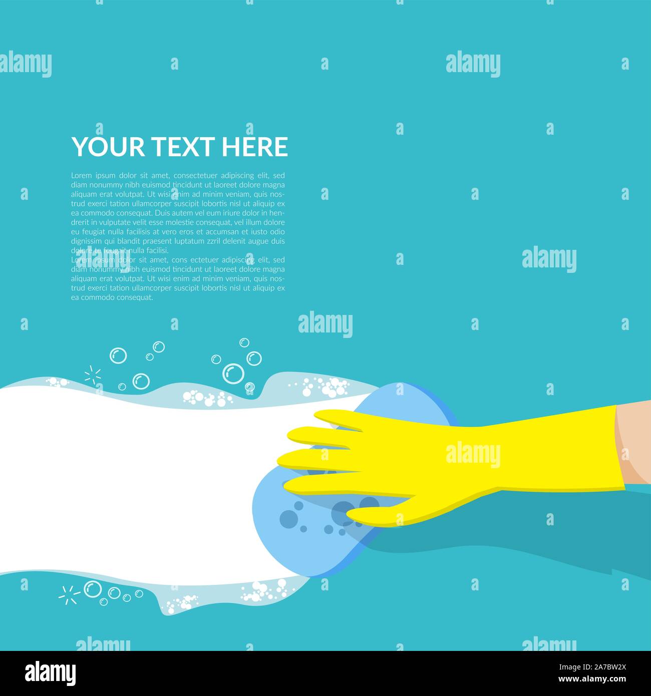 vector of hand with yellow rubber glove holding blue sponge cleaning with white bubble detergent isolated on blue background with copy space for text Stock Vector