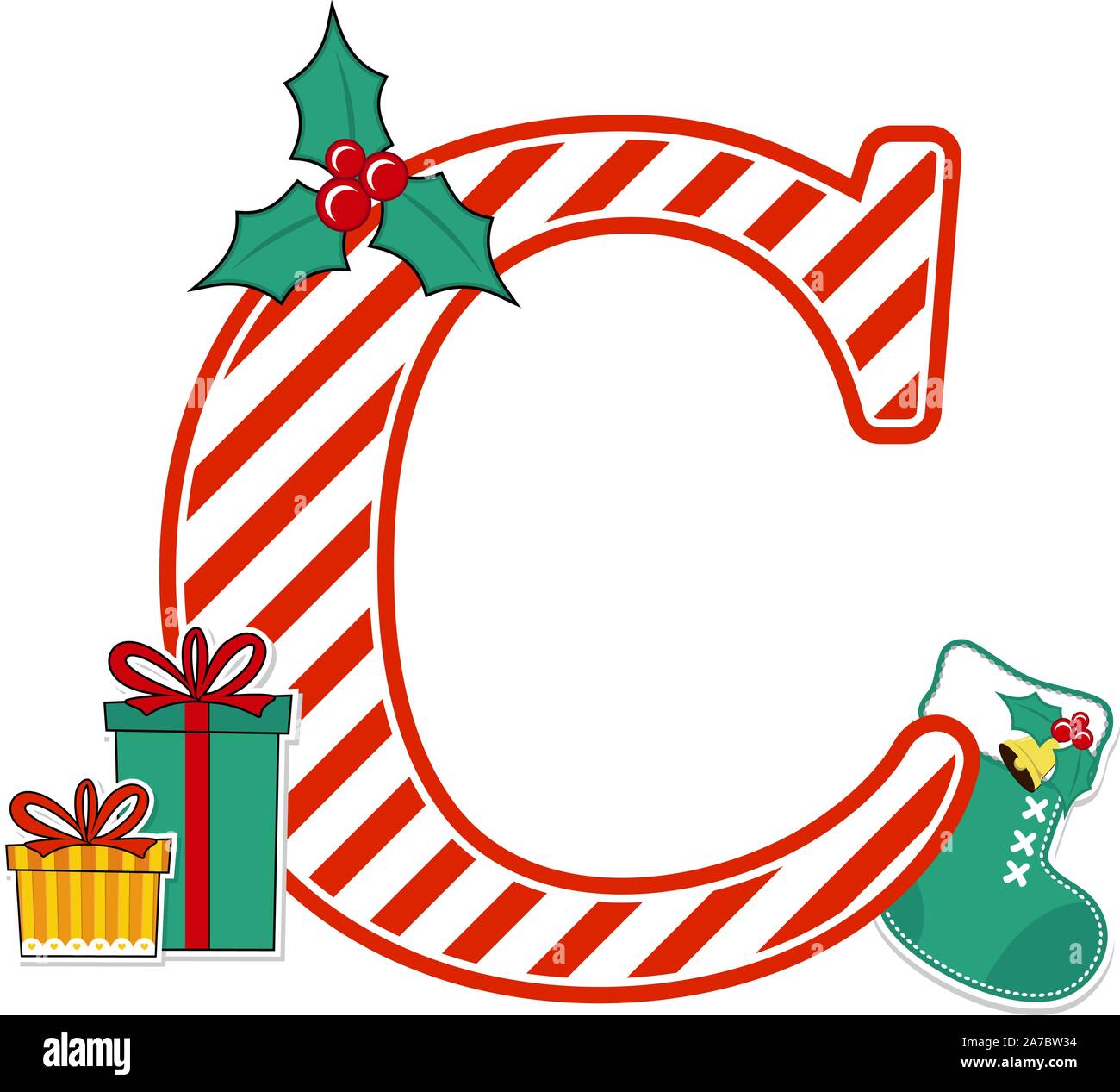 capital letter c with red and white candy cane pattern and christmas design elements isolated on white background. can be used for holiday season card Stock Vector