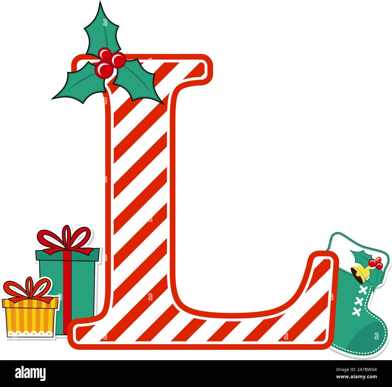 capital letter l with red and white candy cane pattern and christmas design elements isolated on white background. can be used for holiday season card Stock Vector