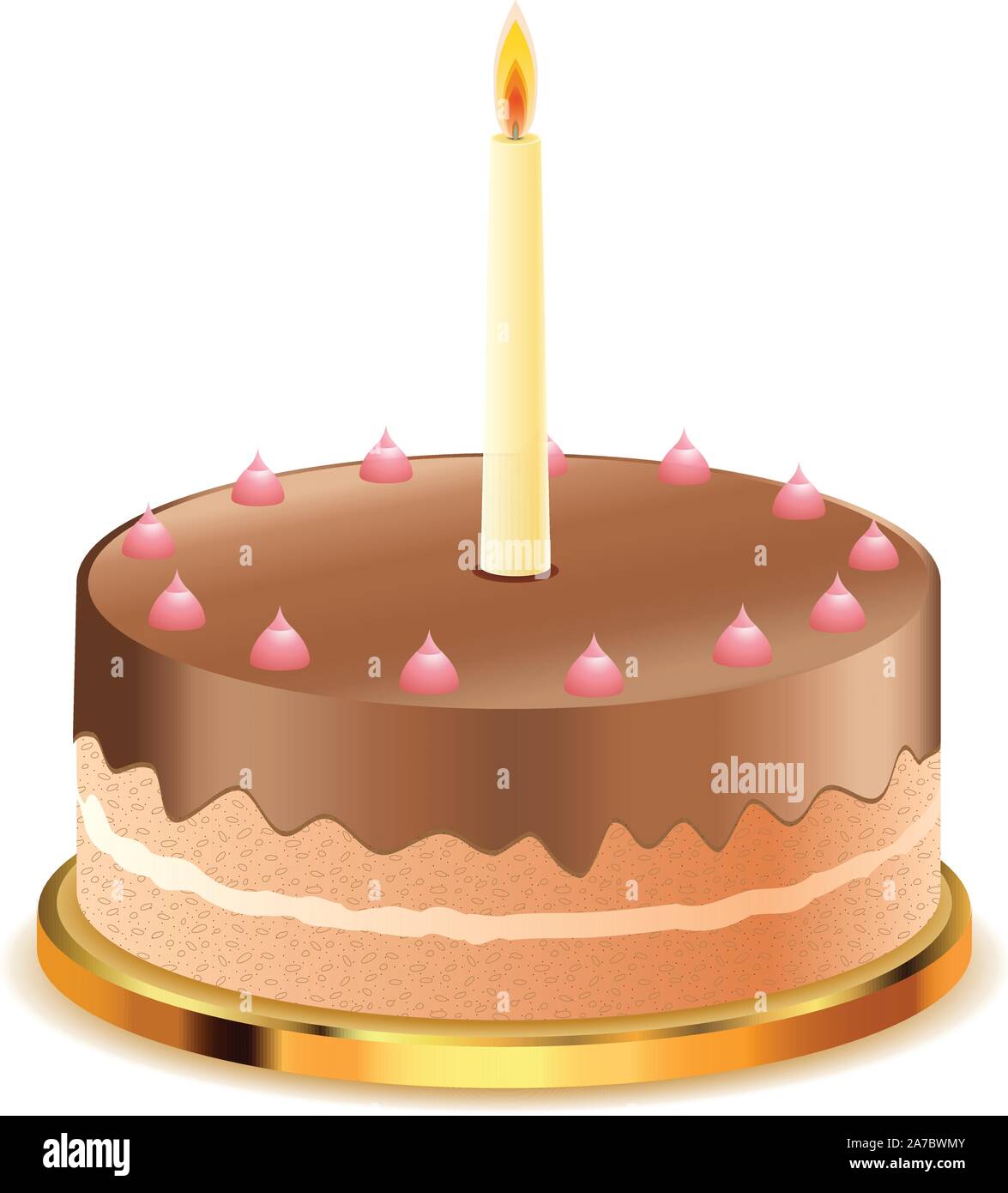 Delicious chocolate cake with candle on white background Stock Vector