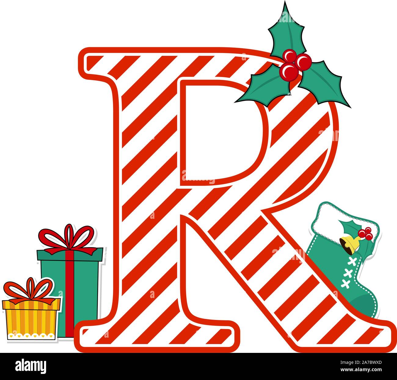 https://c8.alamy.com/comp/2A7BWXD/capital-letter-r-with-red-and-white-candy-cane-pattern-and-christmas-design-elements-isolated-on-white-background-can-be-used-for-holiday-season-card-2A7BWXD.jpg