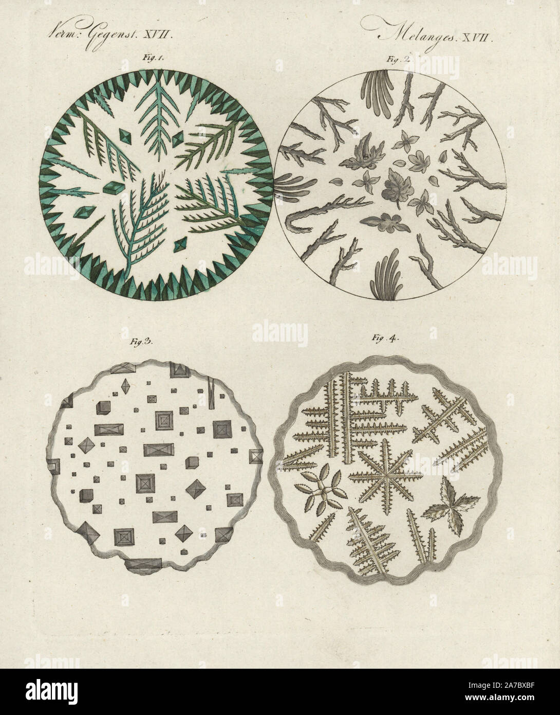 Crystals of verdigris 1, boric acid 2, common salt 3, and sal ammoniac 4 under the microscope. Handcoloured copperplate engraving from Bertuch's 'Bilderbuch fur Kinder' (Picture Book for Children), Weimar, 1798. Friedrich Johann Bertuch (1747-1822) was a German publisher and man of arts most famous for his 12-volume encyclopedia for children illustrated with 1,200 engraved plates on natural history, science, costume, mythology, etc., published from 1790-1830. Stock Photo