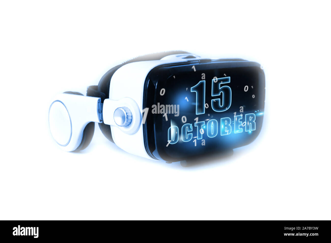 october 15th. Day 15 of month, calendar date month and day glows on virtual reality helmet or VR glasses. Virtual technologies, future, 3D reality, vi Stock Photo