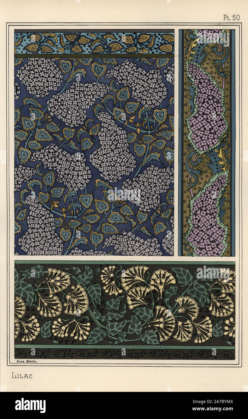 Lilac in art nouveau patterns for wallpaper and fabric. Lithograph by Anna Martin with pochoir (stencil) handcoloring from Eugene Grasset's “Plants and their Application to Ornament,” Paris, 1897. Eugene Grasset (1841-1917) was a Swiss artist whose innovative designs inspired the “art nouveau” movement at the end of the 19th century. Stock Photo