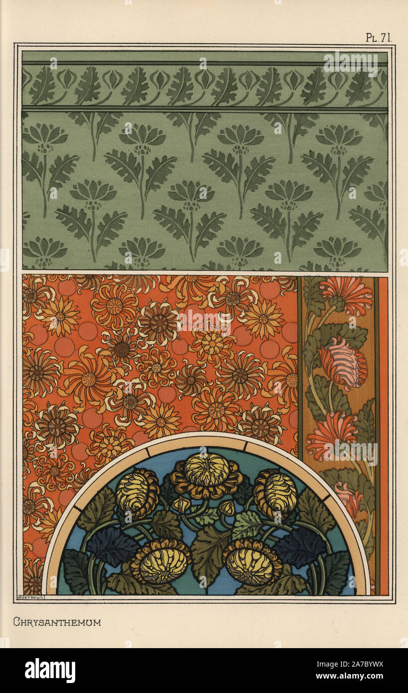 Chrysanthemum in art nouveau patterns for stained glass, wallpapers and fabrics. Lithograph by M. P. Verneuil with pochoir (stencil) handcoloring from Eugene Grasset's “Plants and their Application to Ornament,” Paris, 1897. Eugene Grasset (1841-1917) was a Swiss artist whose innovative designs inspired the “art nouveau” movement at the end of the 19th century. Stock Photo