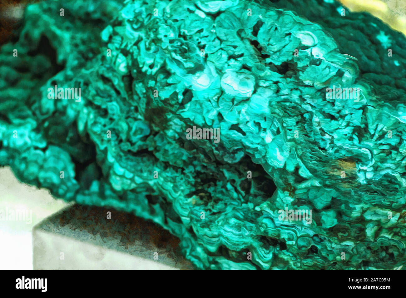Illustrations Malachite, mineral, basic copper carbonate, copper dihydroxocarbonate, green masses, sap form, radial-fibrous structure Stock Photo