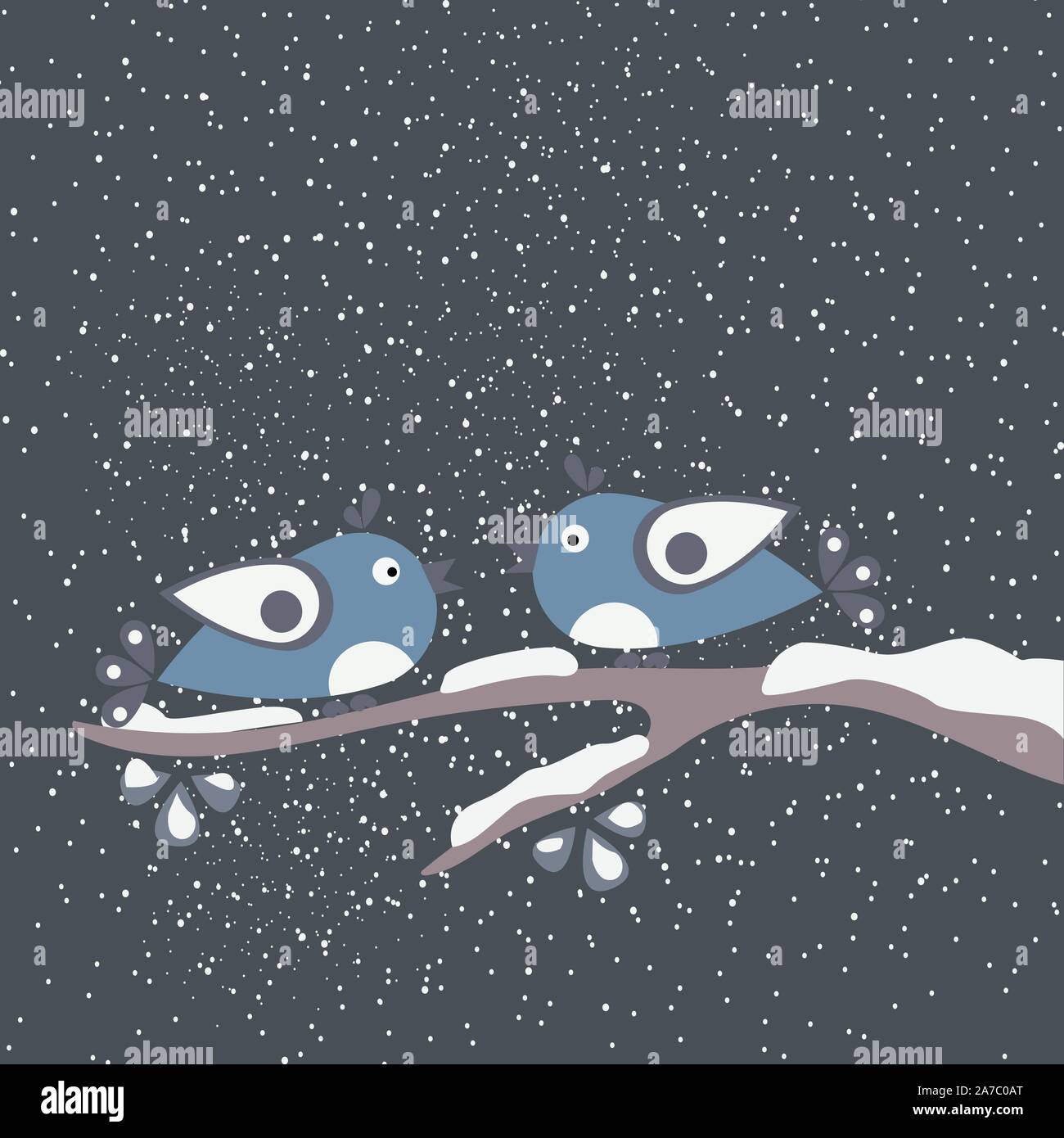 Cute Winter Birds tweeting on a branch of tree covered with snow. First Snow. Vector Illustration Stock Vector