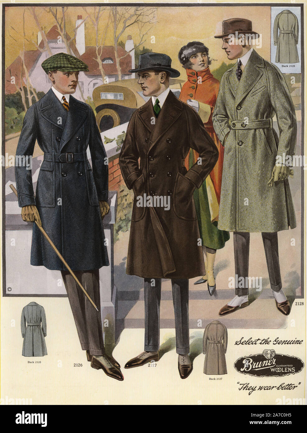 Men in Raglan and Ulsterette coats, with cloth caps, gloves, canes and spats. Chromolithograph from a catalog of male winter fashions from Bruner Woolens, 1920. Stock Photo