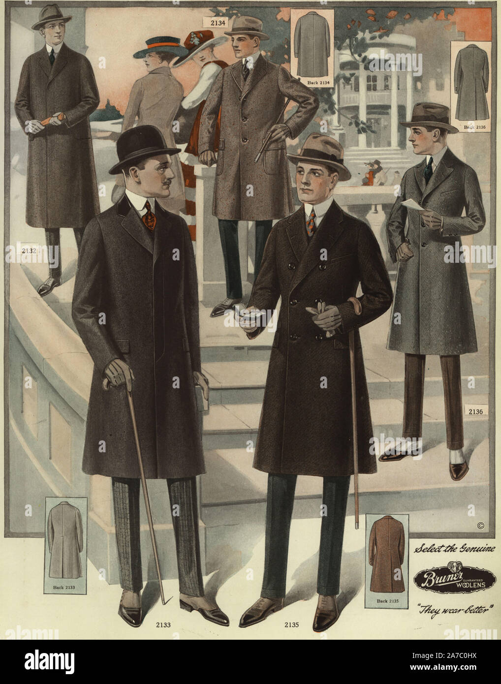 Men in box, fly-front and single-breated overcoats, with spats, canes, hats and gloves. Chromolithograph from a catalog of male winter fashions from Bruner Woolens, 1920. Stock Photo
