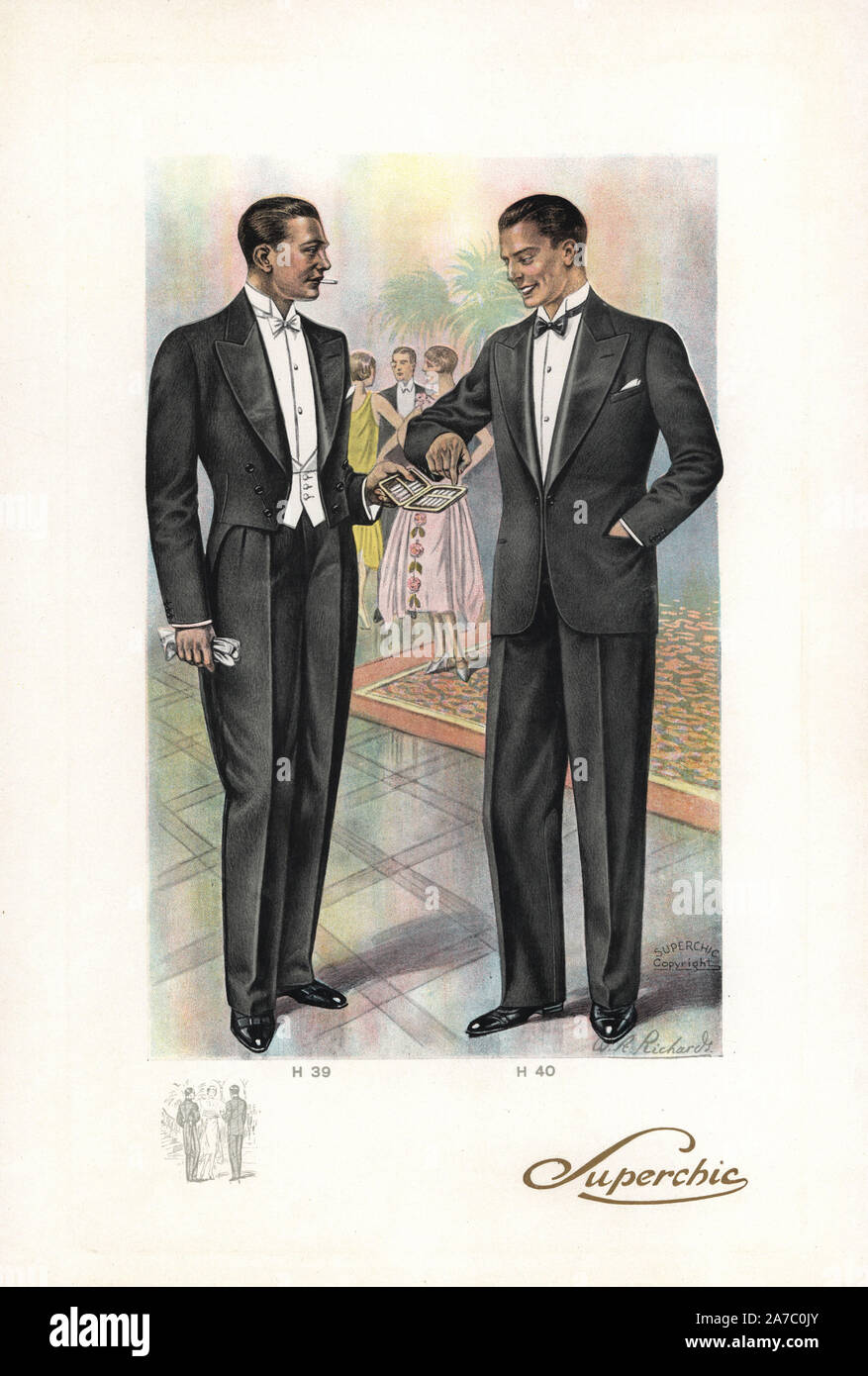 Men in smoking and formal wear at a chic party from the 1920s. Man in smoking suit with wide lapels offering a cigarette to another man in formal wear with black bow tie. Color printed fashion plate by W. A. Richards from the winter catalogue of Superchic, London, 1929. Stock Photo