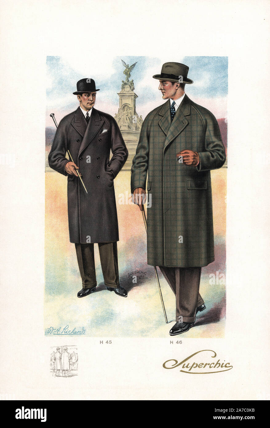 Man in long double-breasted town overcoat with bowler hat and cane, and man  in single-breasted Raglan coat with cane. In the background is the Victoria  Memorial on the Mall. Color printed fashion
