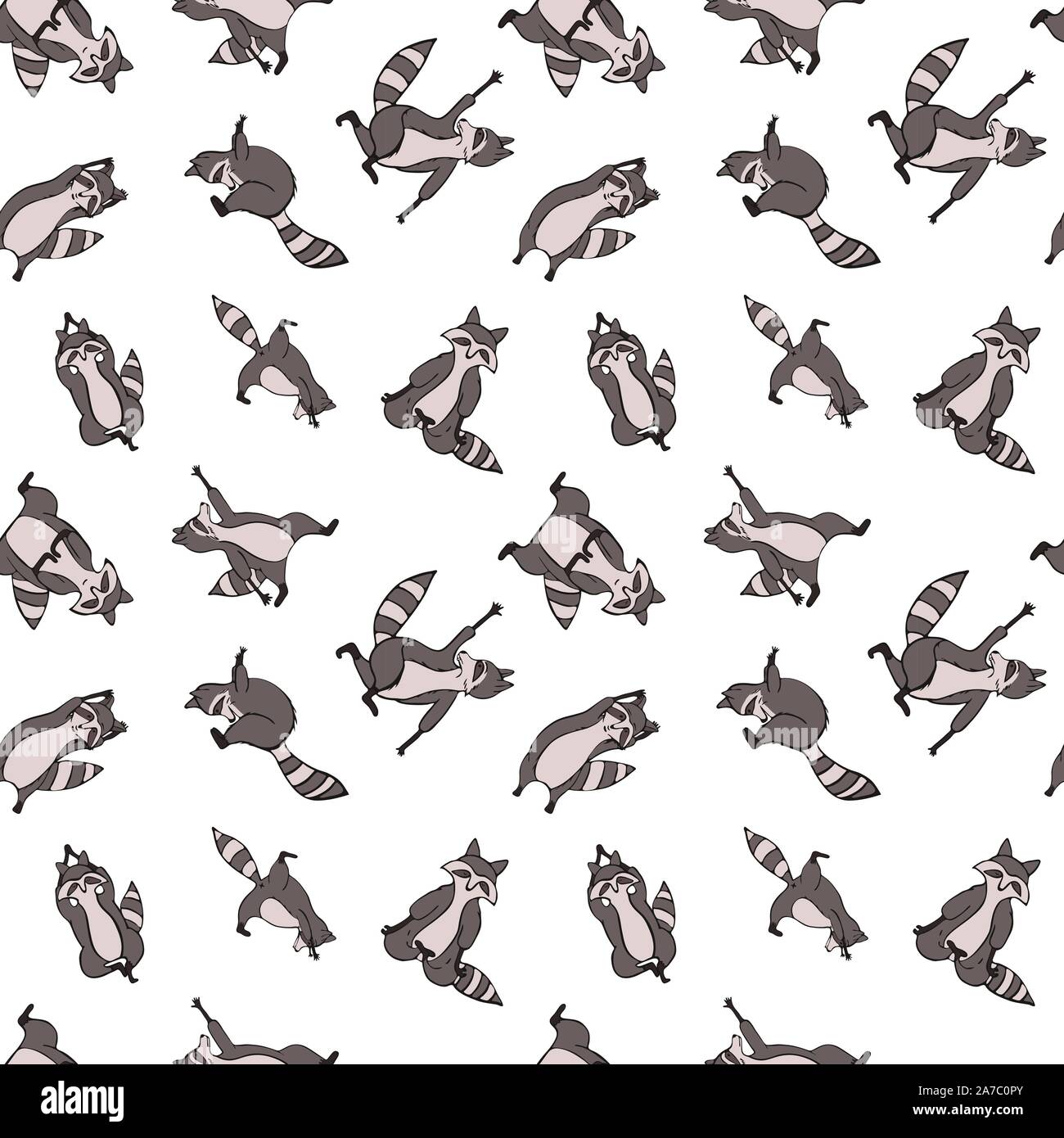 Hand drawn raccoon vector seamless pattern. Trendy graphic wallpaper, background, fabric and textile print design. Cute wildlife animal character in y Stock Vector