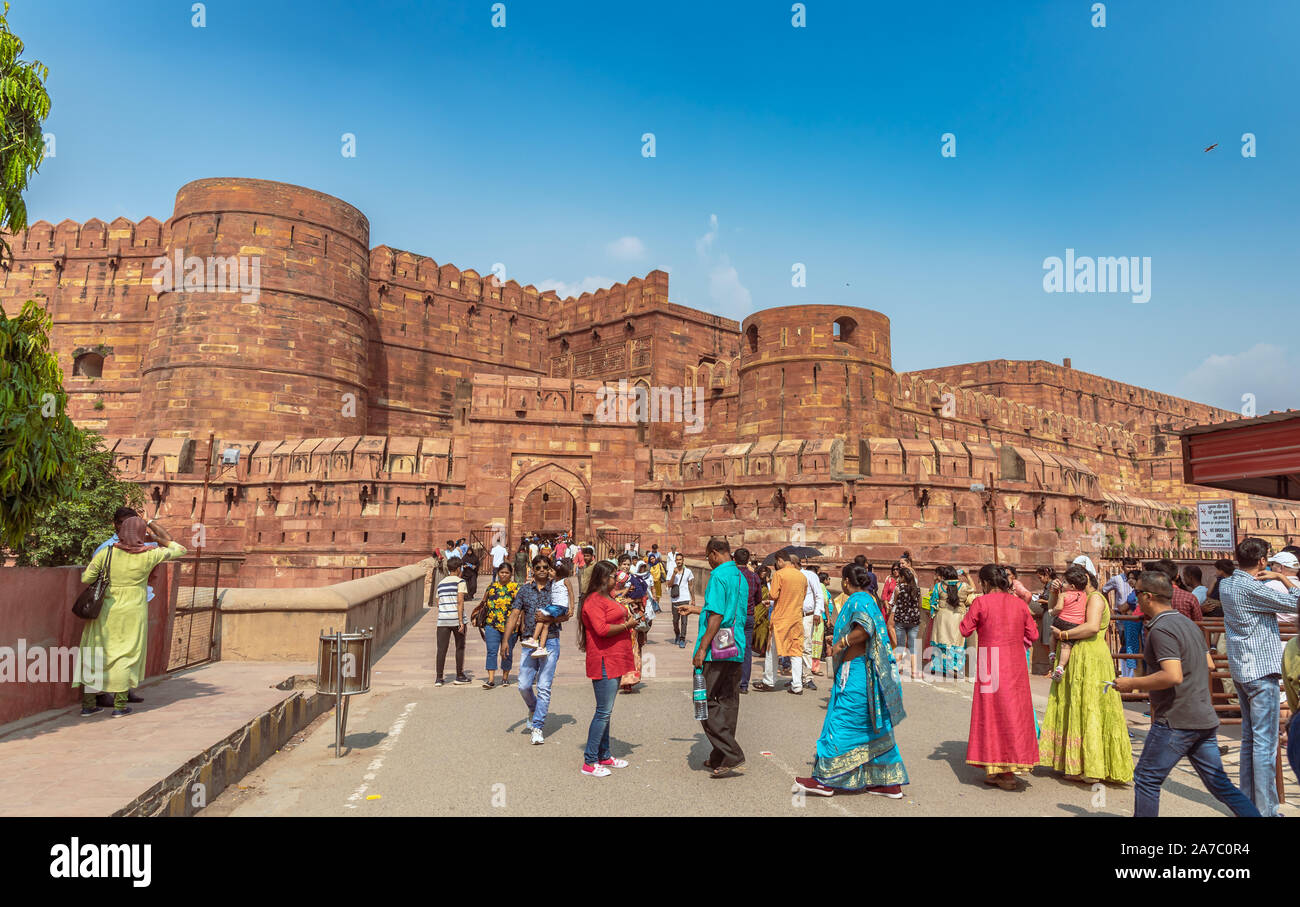 Agra Fort, historical fort in the city of Agra in India. It was the main residence of the emperors of the Mughal Dynasty until 1638, Stock Photo