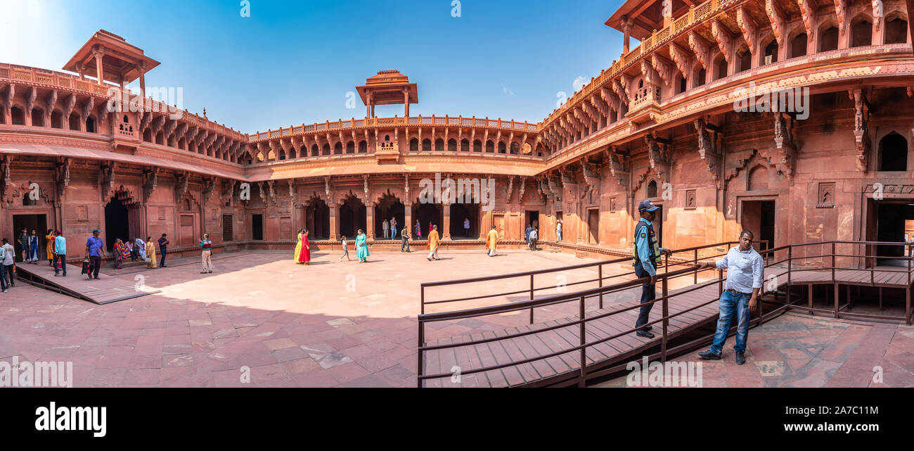 Agra Fort, historical fort in the city of Agra in India. It was the main residence of the emperors of the Mughal Dynasty until 1638, Stock Photo