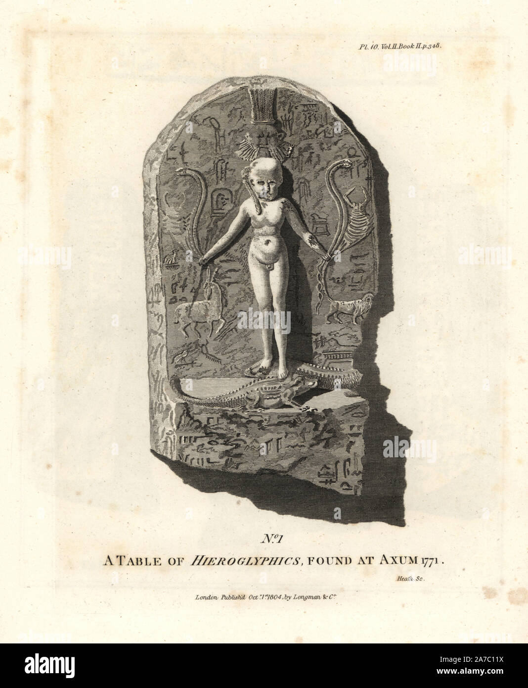 Table of hieroglyphics found at Axum. Copperplate engraving from James Bruce's 'Travels to Discover the Source of the Nile, in the years 1768, 1769, 1770, 1771, 1772 and 1773,' London, 1790. James Bruce (1730-1794) was a Scottish explorer and travel writer who spent more than 12 years in North Africa and Ethiopia. Engraved by Heath after an original drawing by Bruce. Stock Photo