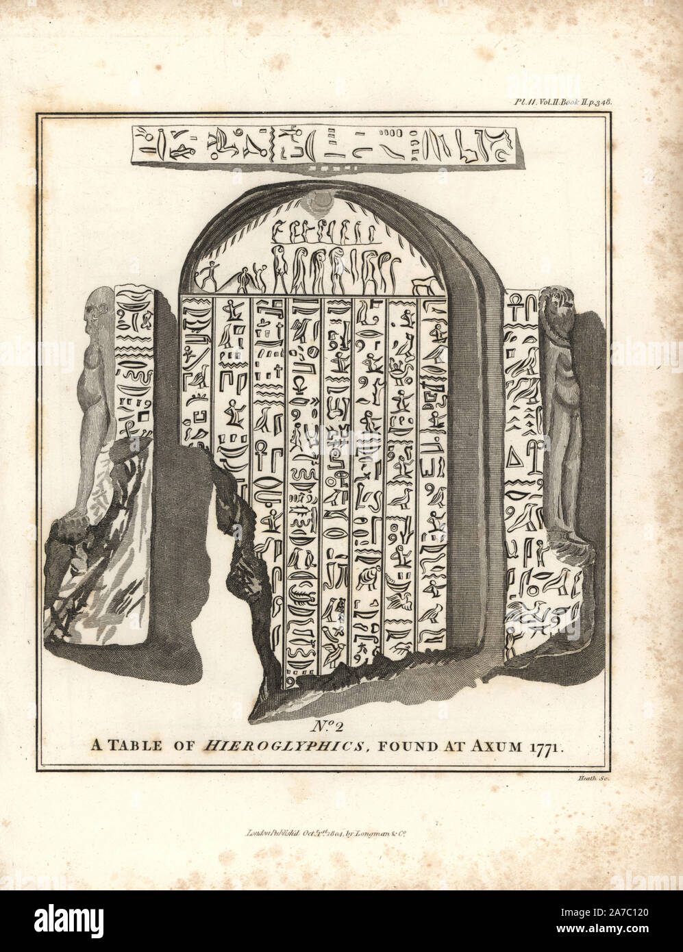 Table of hieroglyphics found at Axum. Copperplate engraving from James Bruce's 'Travels to Discover the Source of the Nile, in the years 1768, 1769, 1770, 1771, 1772 and 1773,' London, 1790. James Bruce (1730-1794) was a Scottish explorer and travel writer who spent more than 12 years in North Africa and Ethiopia. Engraved by Heath after an original drawing by Bruce. Stock Photo
