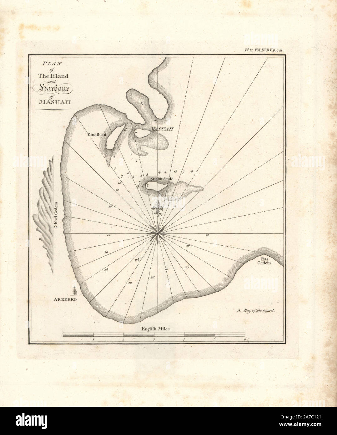 Plan of the island and harbour of Masuah (Massawa) on the Red Sea. Copperplate engraving from James Bruce's 'Travels to Discover the Source of the Nile, in the years 1768, 1769, 1770, 1771, 1772 and 1773,' London, 1790. James Bruce (1730-1794) was a Scottish explorer and travel writer who spent more than 12 years in North Africa and Ethiopia. Engraved by Heath after an original drawing by Bruce. Stock Photo