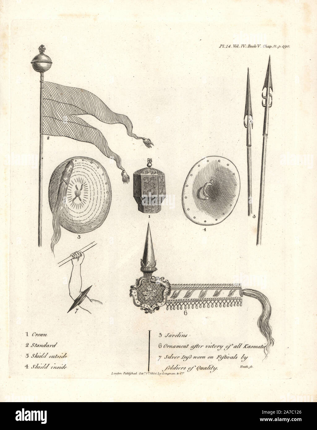 Crown and standard of Abyssinia, shields, javelins, ornaments worn on the heads and right arms of governors of provinces. Copperplate engraving from James Bruce's 'Travels to Discover the Source of the Nile, in the years 1768, 1769, 1770, 1771, 1772 and 1773,' London, 1790. James Bruce (1730-1794) was a Scottish explorer and travel writer who spent more than 12 years in North Africa and Ethiopia. Engraved by Heath after an original drawing by Bruce. Stock Photo