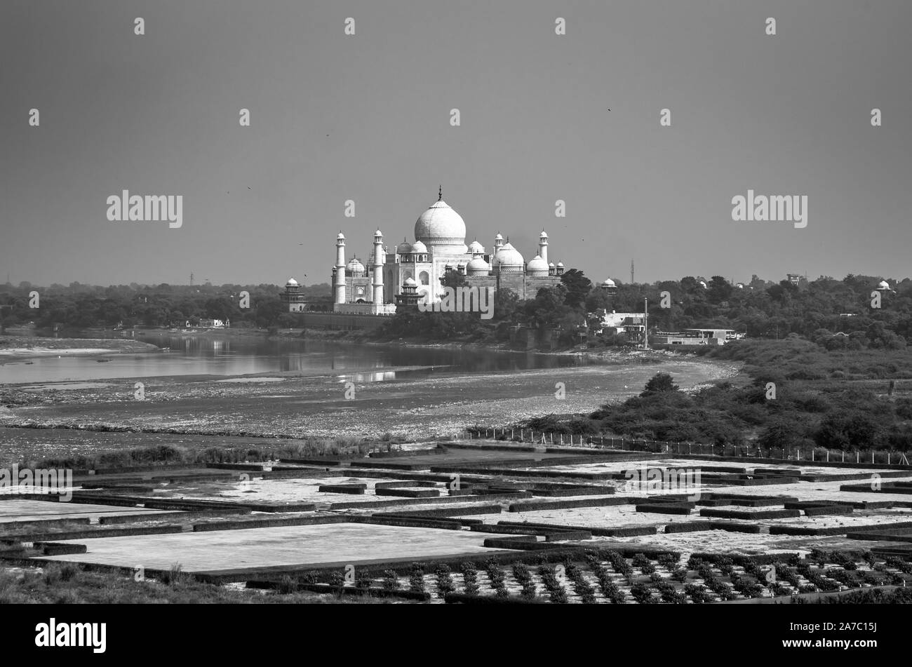 Top view of Exterior of The Taj Mahal ,ivory-white marble mausoleum on the south bank of the Yamuna river in the Indian city of Agra. Stock Photo