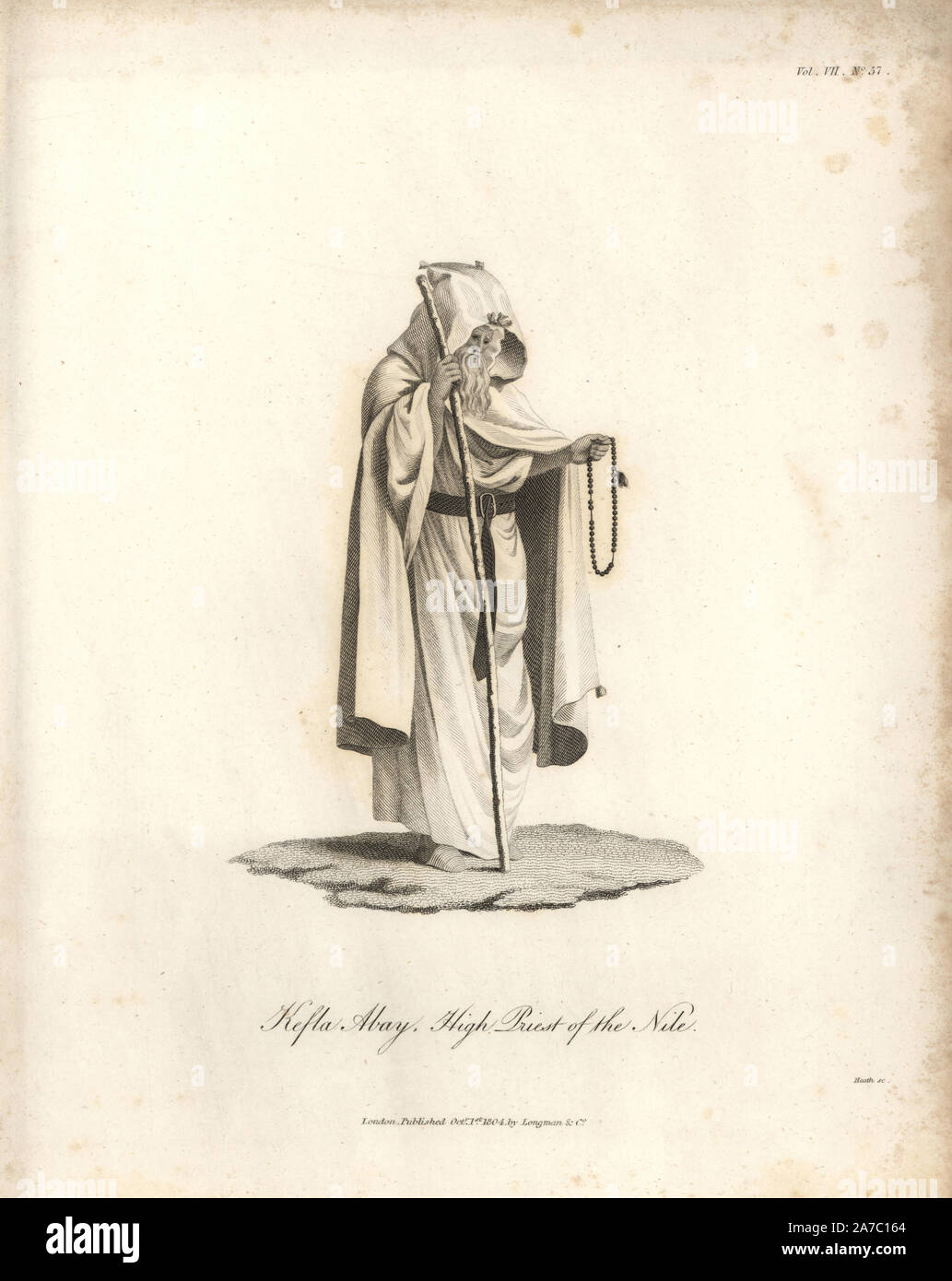 Kefla Abay, high priest of the Nile, in robes with staff and prayer beads. Copperplate engraving from James Bruce's 'Travels to Discover the Source of the Nile, in the years 1768, 1769, 1770, 1771, 1772 and 1773,' London, 1790. James Bruce (1730-1794) was a Scottish explorer and travel writer who spent more than 12 years in North Africa and Ethiopia. Engraved by Heath after an original drawing by Bruce. Stock Photo