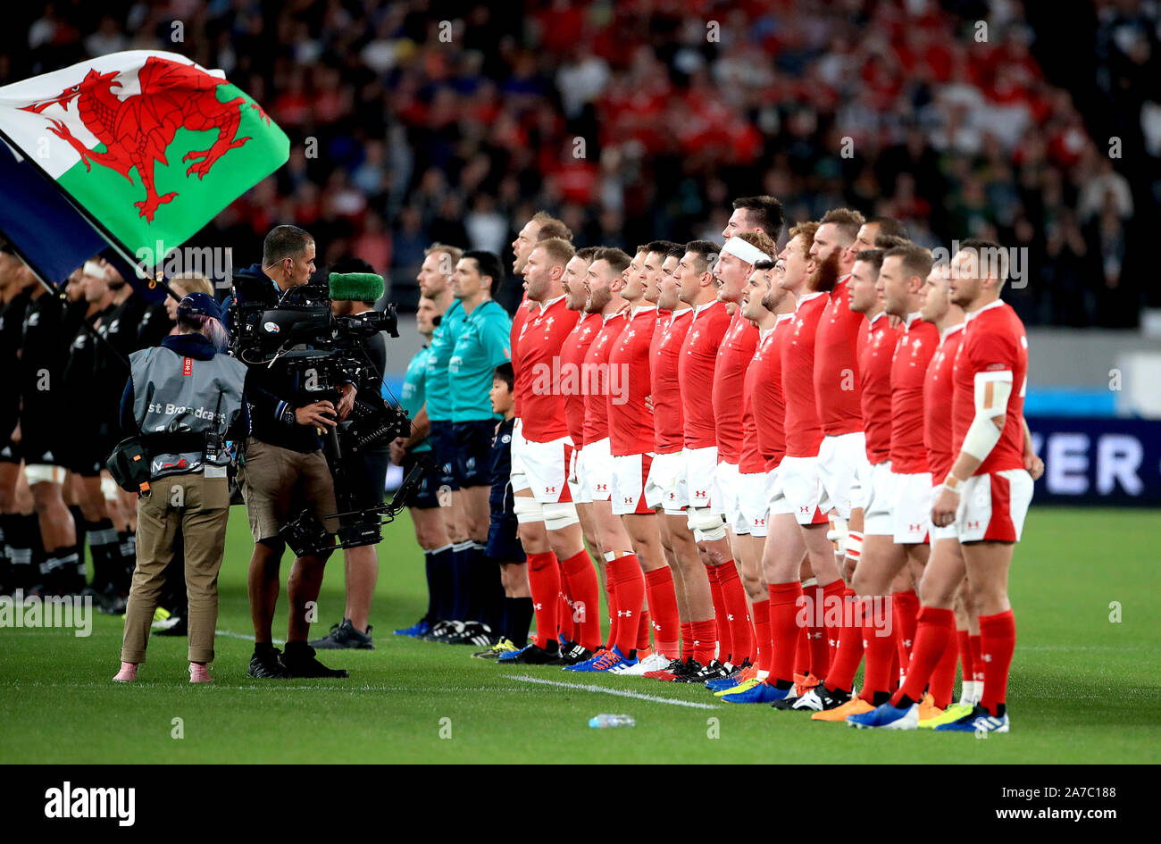 Wales players sing their national anthem during the 2019 Rugby World