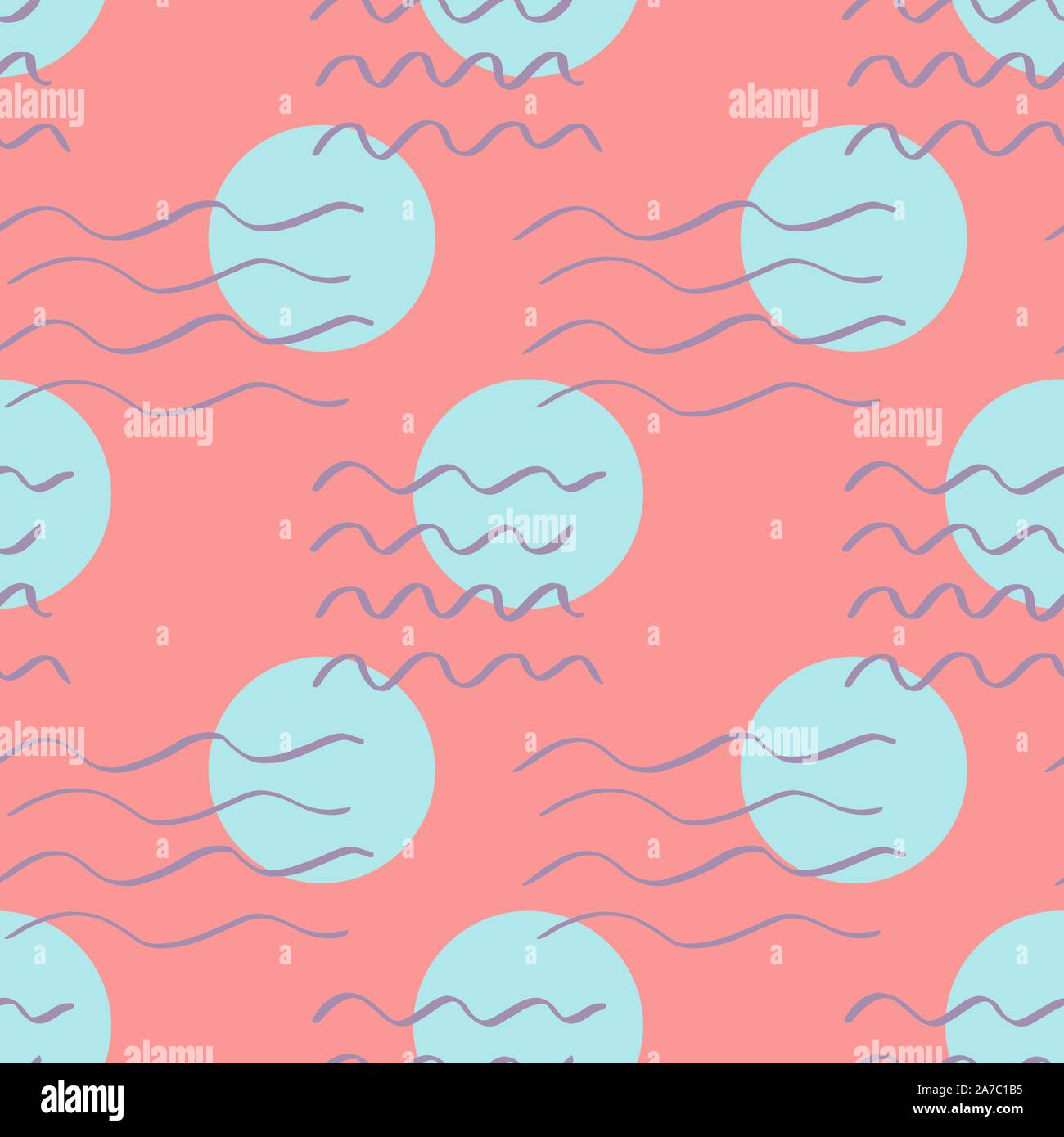 Handdrawn brush wave stroke and circle seamless pattern. Memphis style pattern. Abstract background. Stock Vector