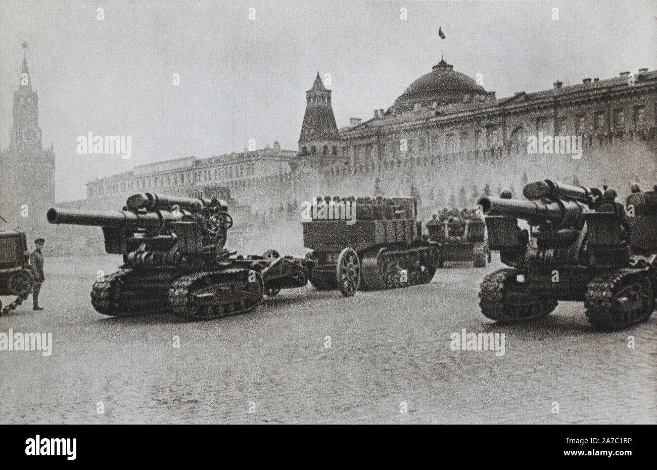 Artillery units of the Moscow Military District on Red Square in Moscow in the 1940s. Stock Photo