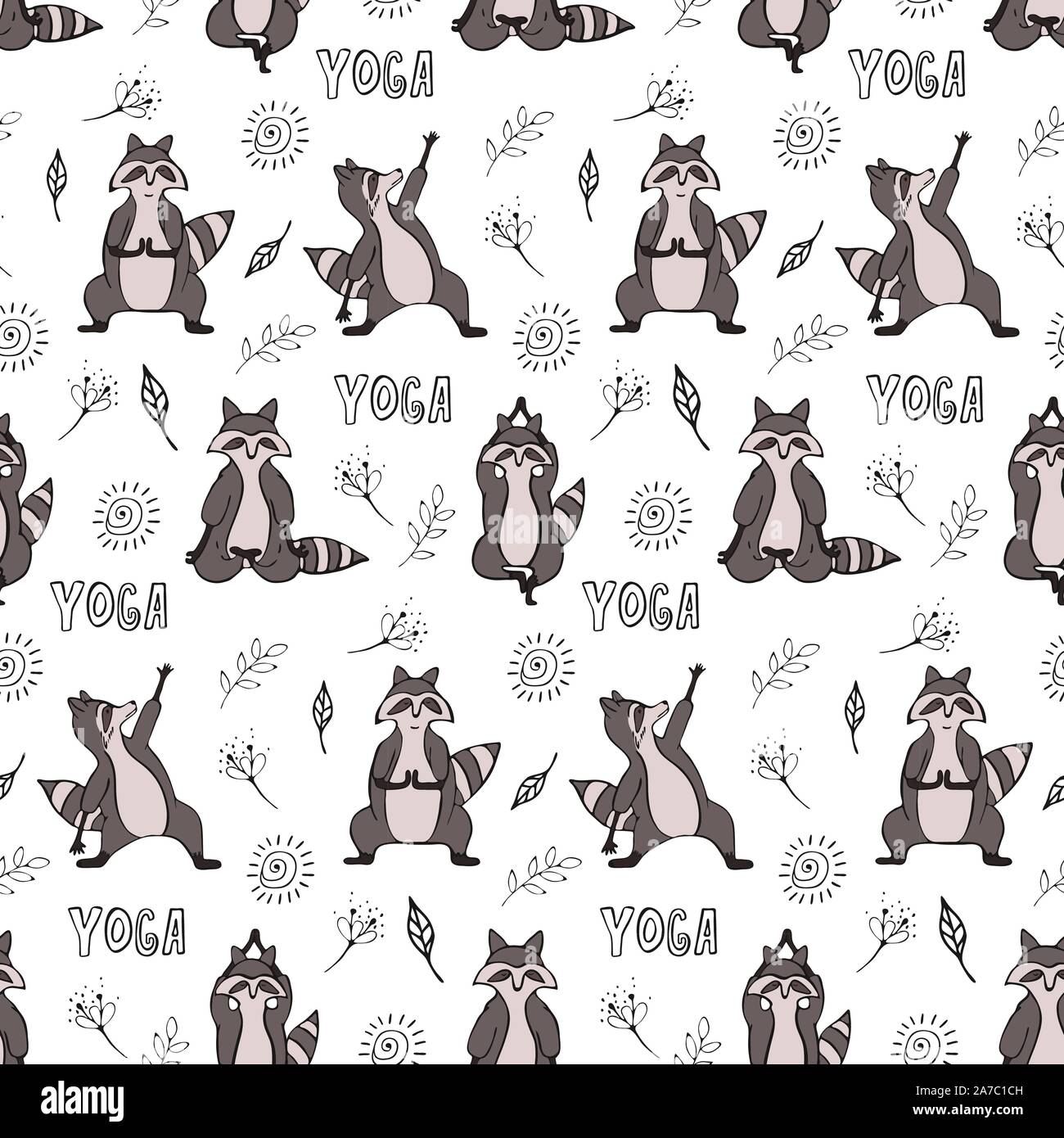 Hand drawn raccoon vector seamless pattern. Trendy graphic wallpaper ...