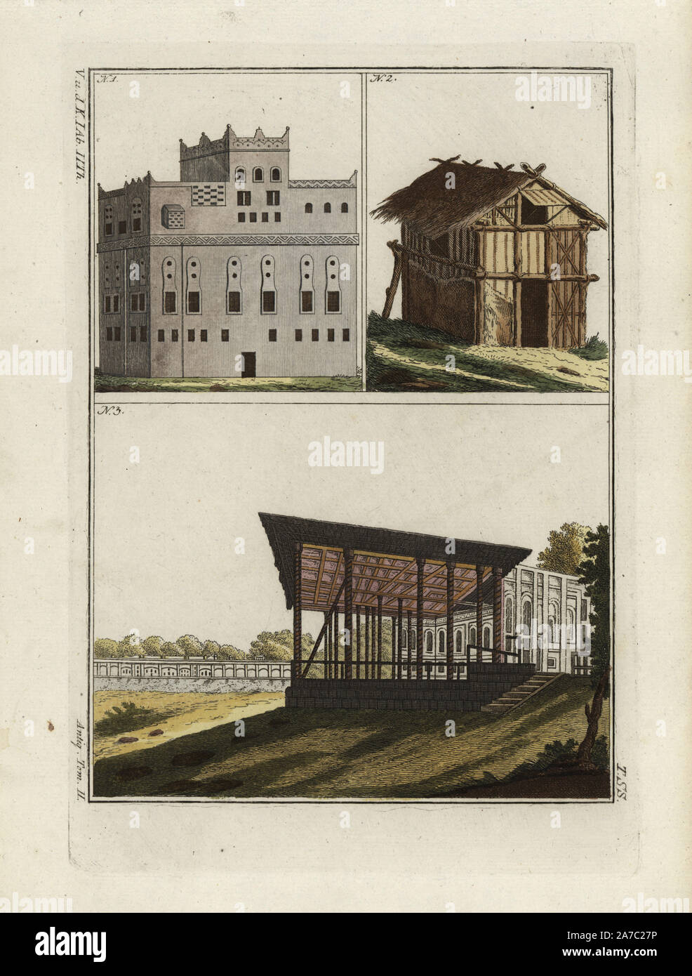 Hebrew architecture: House at Bir-el-Assab in the Yemen 1, wooden house 2, and summer house 3. Handcoloured copperplate engraving from Robert von Spalart's 'Historical Picture of the Costumes of the Principal People of Antiquity and of the Middle Ages,' Chez Collignon, Metz, 1810. Stock Photo